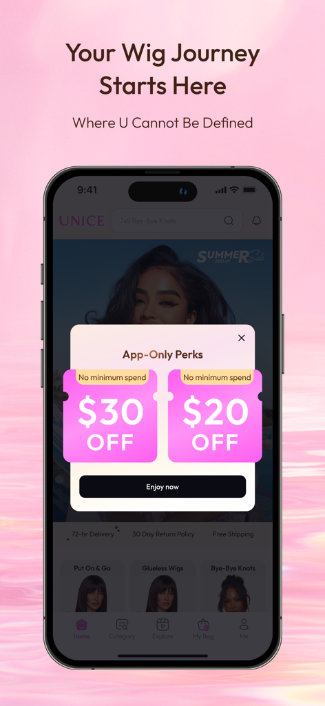 UNice mobile app home screen with a popup offering app-only discount coupons for wigs and hair bundles