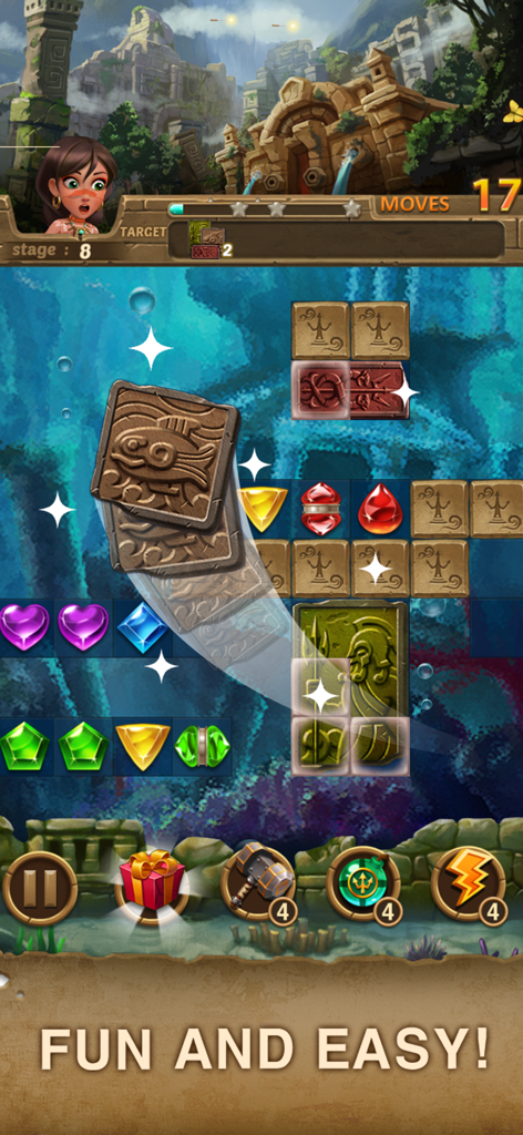 Pantalla de juego del puzle match-3 Jewels Atlantis mostrando gemas de colores y ruinas submarinas