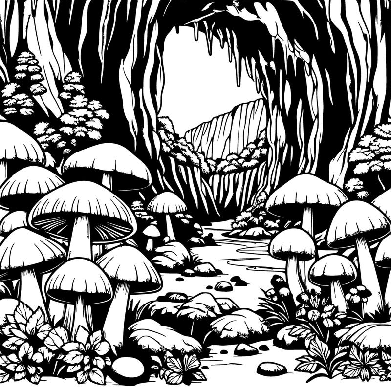 realistic cave full of beautiful mushrooms