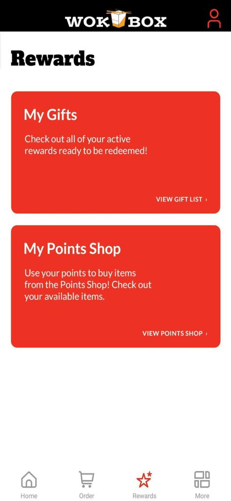 Wok Box® Canada - Écran des récompenses de l'application mobile Wok Box Canada montrant les options pour Mes Cadeaux et Ma Boutique de Points