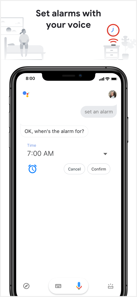 Google Assistant interface on iPhone showing a voice command to set an alarm.