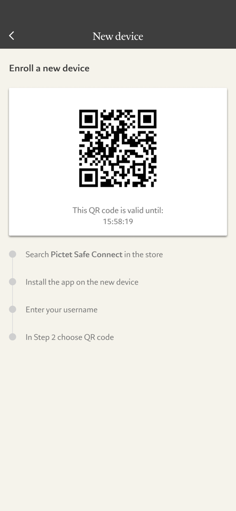 Pictet Safe Connect app screen showing a QR code and instructions for enrolling a new device.