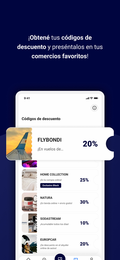 Club LA NACION - Interfaz de la app Club LA NACION mostrando una lista de códigos de descuento para marcas como Flybondi y Europcar