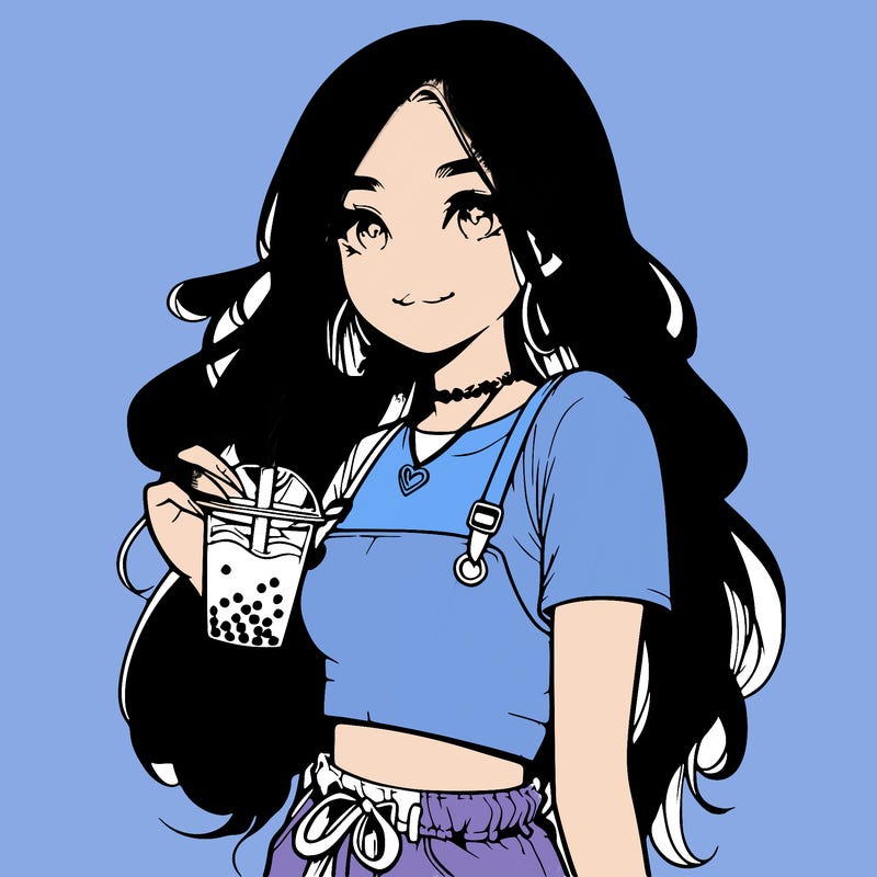 realistic girl in crop top with long hair drinking boba