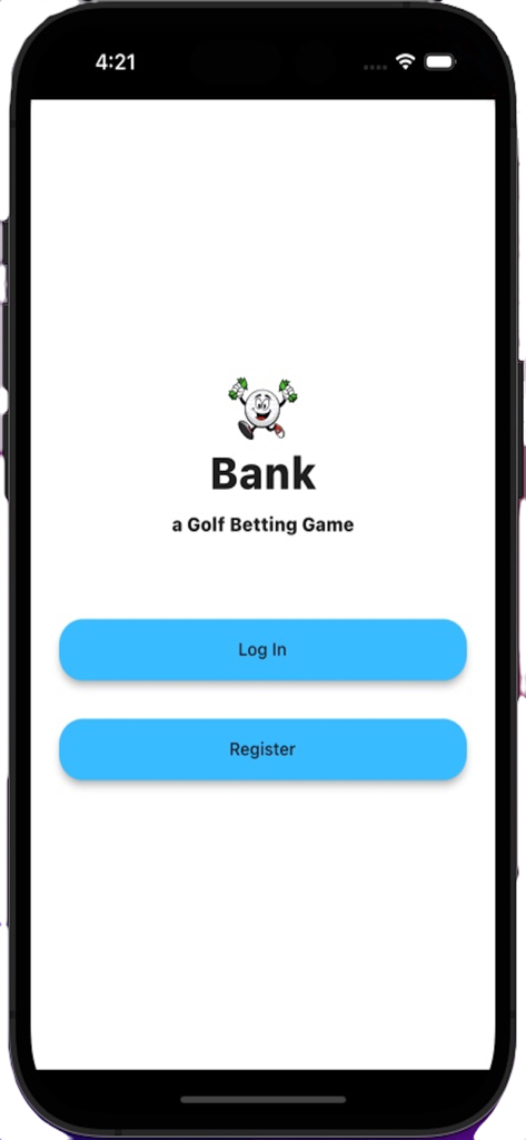 Golf Bank App - Golf Bank app login and registration screen featuring a golf ball character holding money and blue action buttons.