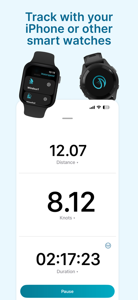 Waterspeed app tracking distance and speed on iPhone and smartwatches.