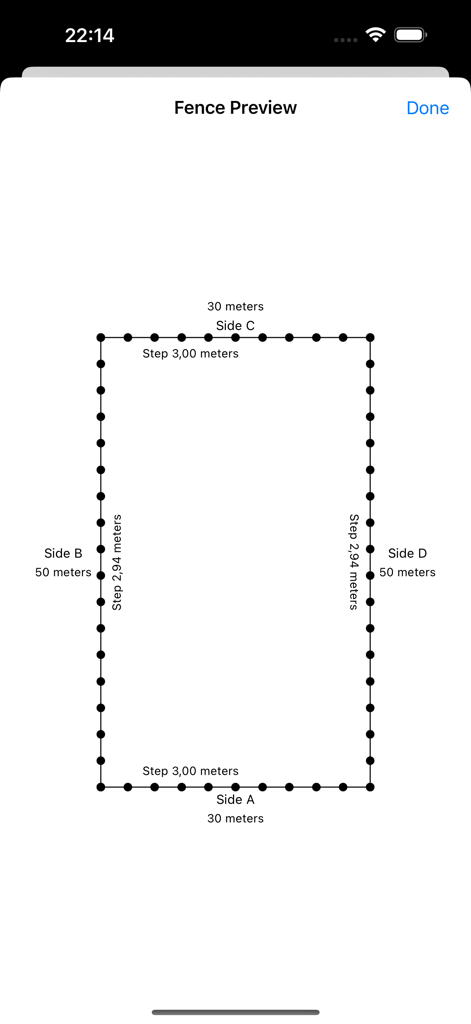 Graphical preview of a rectangular fence layout with post spacing and side measurements in meters