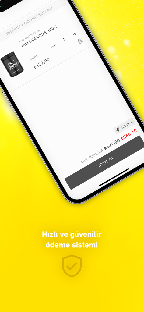 HIQ Nutrition Supplement - A secure checkout screen for the HIQ Nutrition supplement app showing a product in the cart with a discount code applied