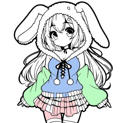 pretty anime girl wearing a fluffy hoodie with bunny ears on the hood and a skirt