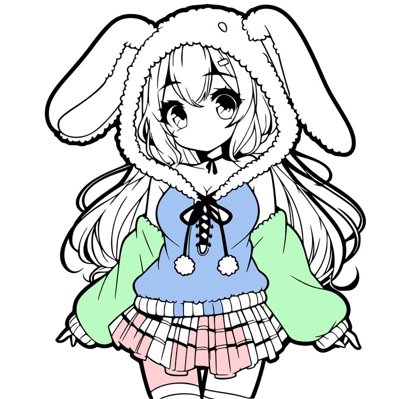 pretty anime girl wearing a fluffy hoodie with bunny ears on the hood and a skirt