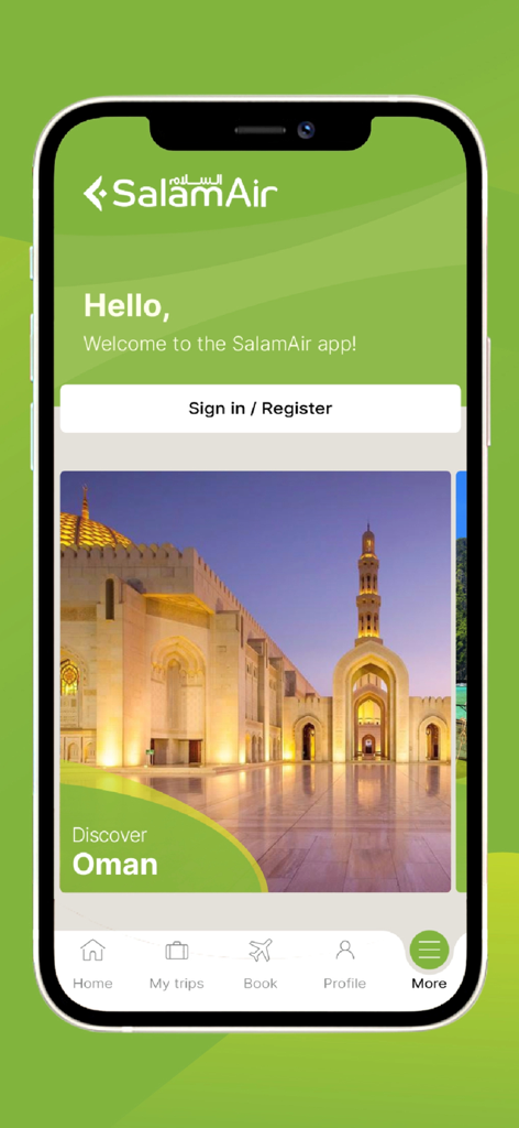 SalamAir - La pantalla de inicio de la aplicación móvil SalamAir con un mensaje de bienvenida y una tarjeta de viaje Descubra Omán.