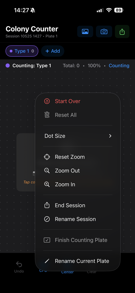 Colony Counter PRO - A menu within the Colony Counter PRO app displaying session and plate management features