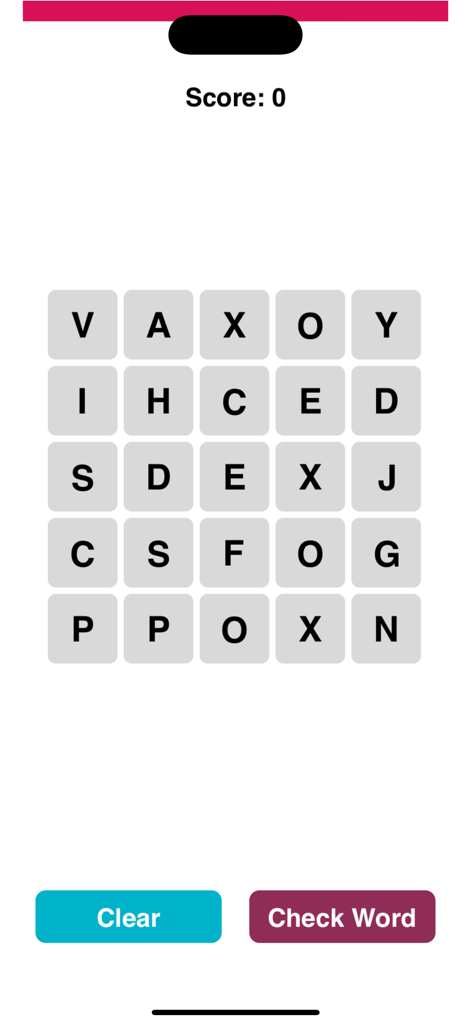 Captura de pantalla de la aplicación Word Jungle que muestra una cuadrícula de letras de 5x5 para el juego de puzles de palabras.
