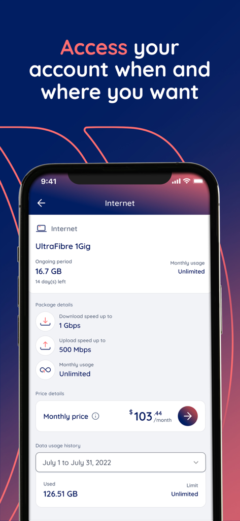 Détails du forfait Internet et de la consommation de données sur l'application Mon Compte Cogeco