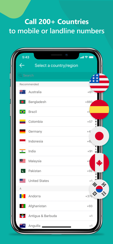 Oberfläche der 2nd Call App, die eine Auswahlliste von über 200 Ländern für internationale VoIP-Anrufe anzeigt.