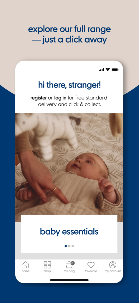 Mothercare MENA app home screen featuring baby essentials category and navigation menu