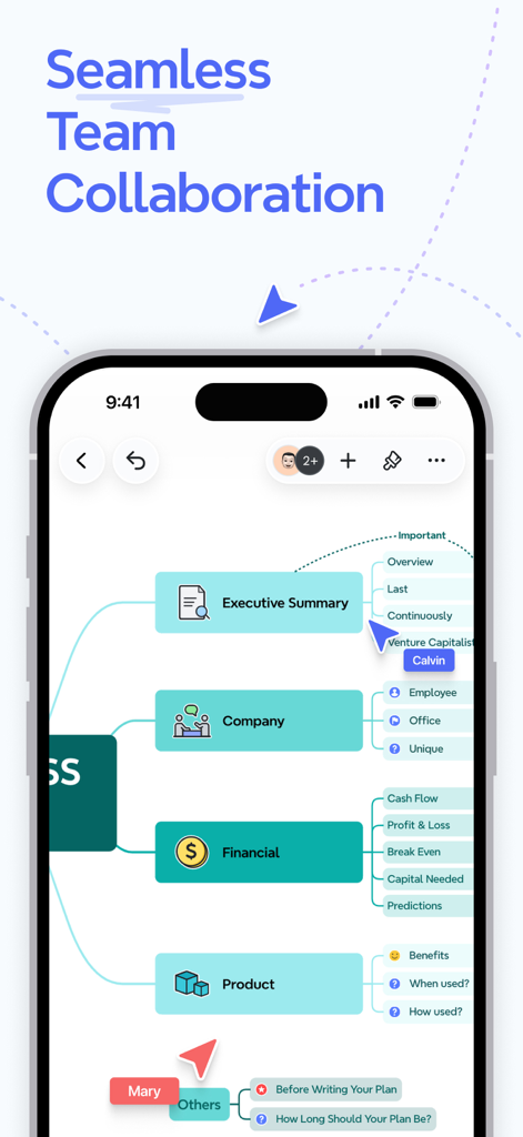 Captura de pantalla de la aplicación Xmind mostrando una colaboración en tiempo real fluida en un mapa mental.