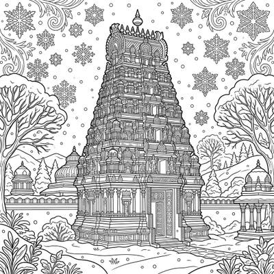 Step into a peaceful winter landscape where an ancient Hindu temple stands majestically under a gentle snowfall. This detailed coloring page offers a unique blend of cultural wonder and seasonal beauty.