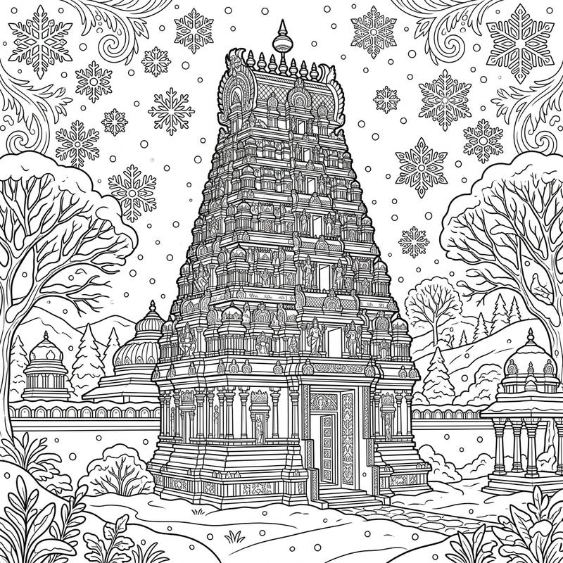 Step into a peaceful winter landscape where an ancient Hindu temple stands majestically under a gentle snowfall. This detailed coloring page offers a unique blend of cultural wonder and seasonal beauty.