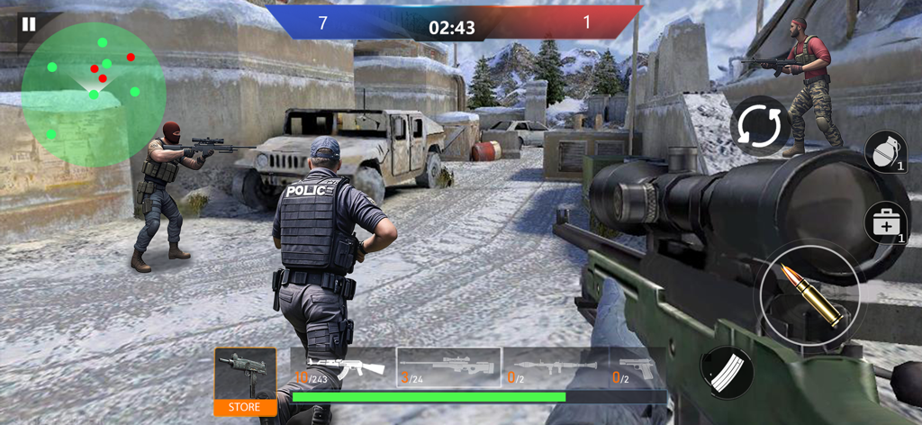 First person view of a sniper rifle in a snowy military map from the FPS Counter PVP Shooter mobile game