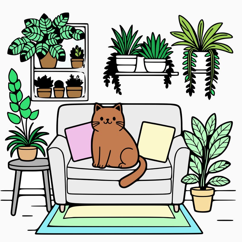 cat on a sofa in a room full of plants