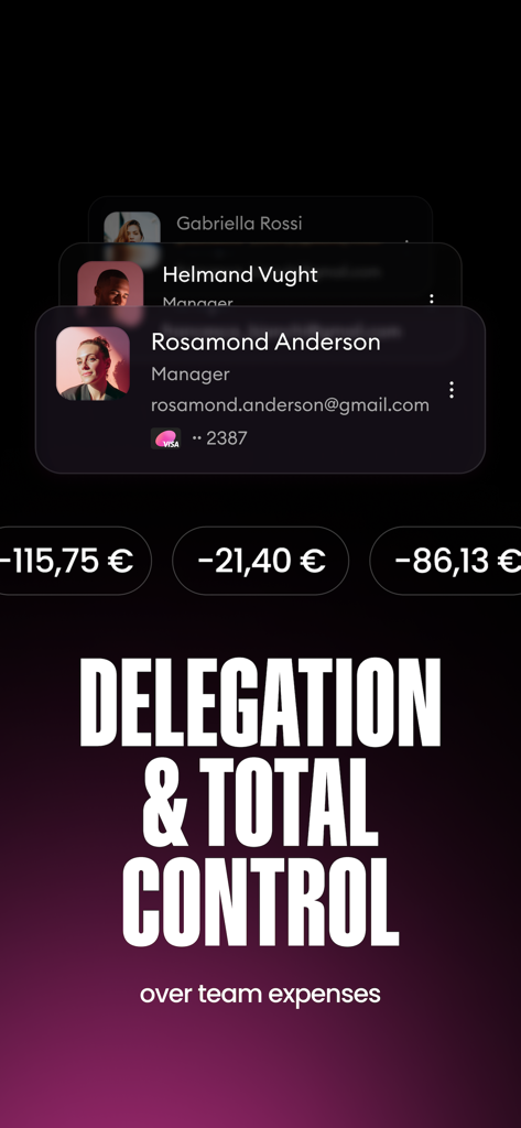 Finom • Business Account - Finom App-Oberfläche zur Delegation und Verwaltung von Team-Ausgaben