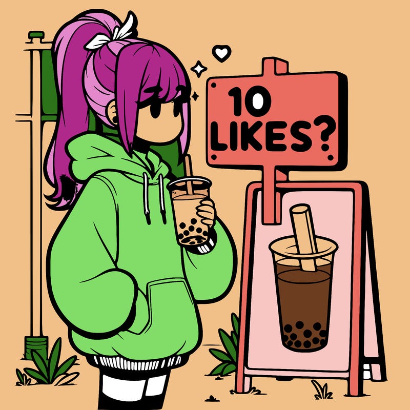 girl with oversized hoodie drinking boba and she has a high ponytail with a sign that says 10likes?