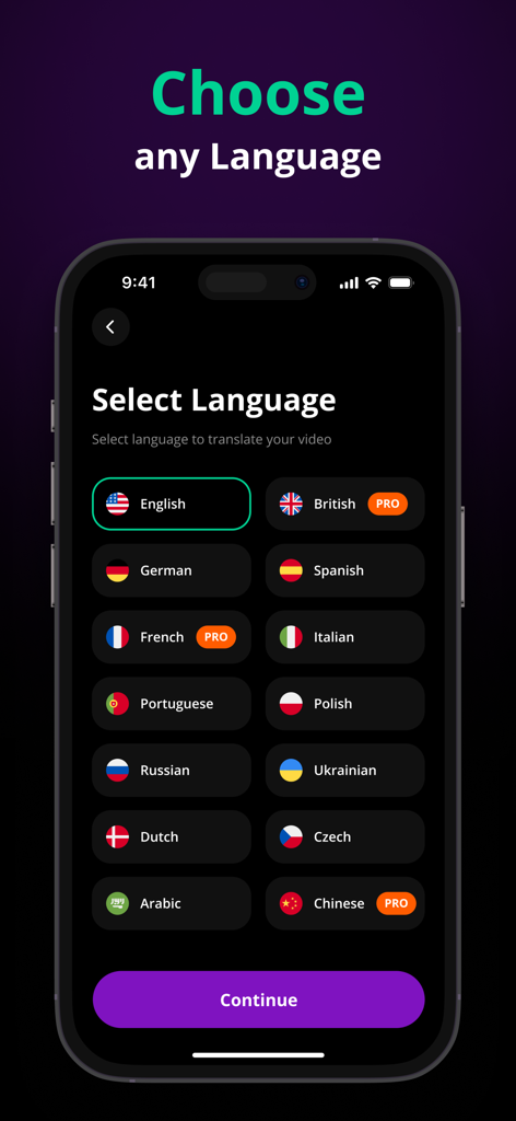 AI Video Translator & Dubbing - Select language screen in the AI Video Translator app showing a list of flags and languages for video dubbing