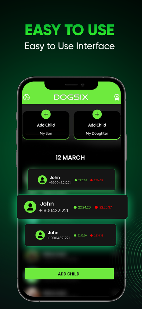 Dogsix - online tracker - Dogsix app interface showing online and offline activity logs for family monitoring.