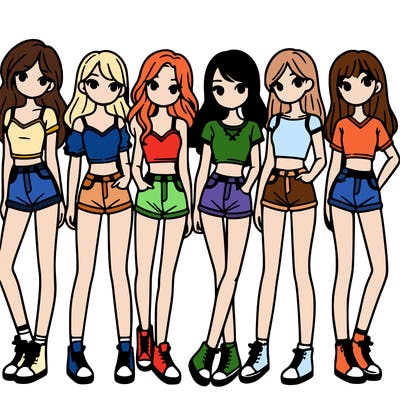 a group of girls wearing crop tops and shorts