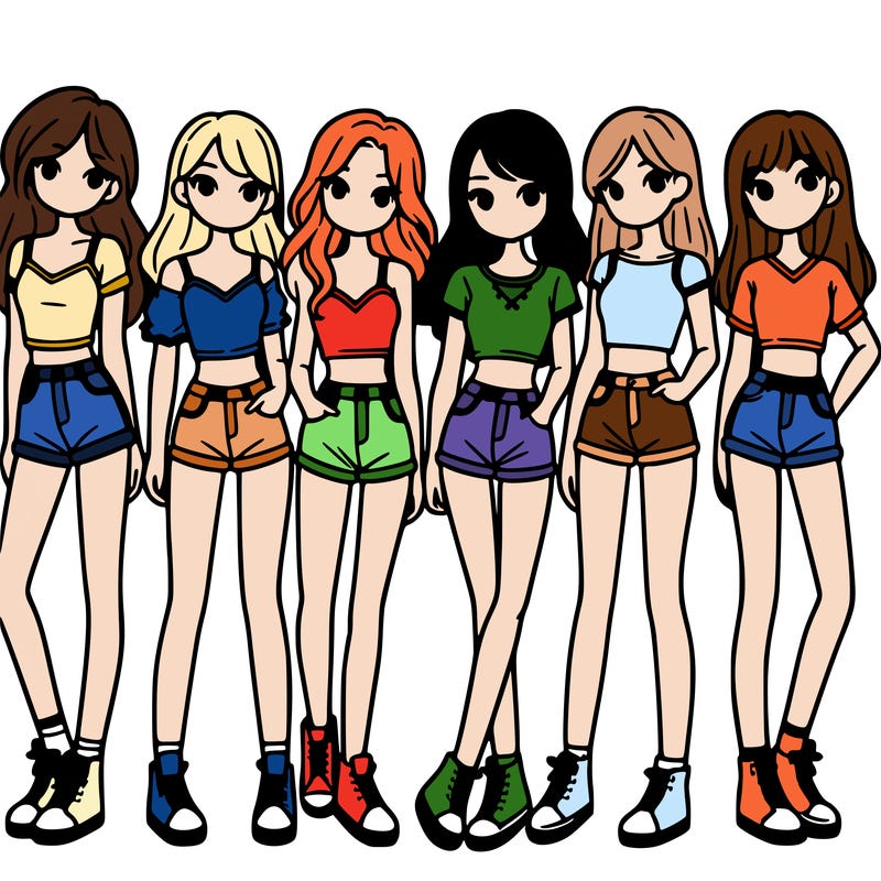 a group of girls wearing crop tops and shorts