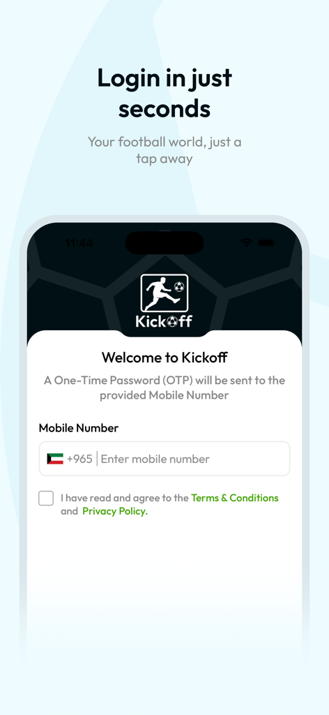 Kickoff-football - 簡単なOTPアクセス用の携帯電話番号入力フィールドが表示されたKickoff footballアプリのログイン画面