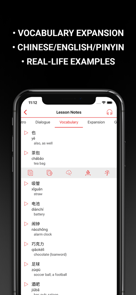 ChinesePod app vocabulary notes featuring Mandarin characters pinyin and English translations.