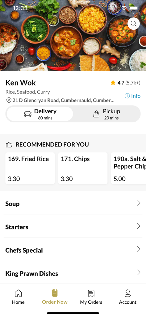 Ken Wok Cumbernauld - Ken Wok Cumbernauld App-Oberfläche mit Speisekarte und Lieferoptionen