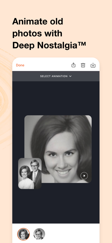 MyHeritage: Family Tree & DNA - Interface of the MyHeritage app showing the Deep Nostalgia feature animating a vintage black and white portrait