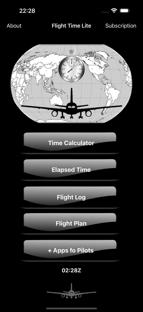 Menu principal do aplicativo Flight Time Lite com botões para Calculadora de Tempo, Tempo Decorrido, Registro de Voo e Plano de Voo em um fundo escuro com um mapa mundial e gráfico de avião