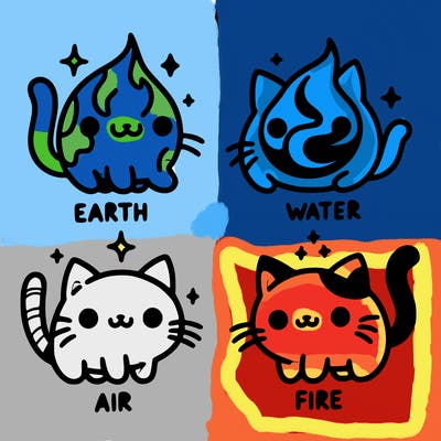 4 cats that represent the different elements, earth, water, air, and fire