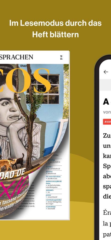ECOS - Spanisch lernen - Modo de leitura de revista digital no aplicativo ECOS para aprendizado de espanhol para falantes de alemão
