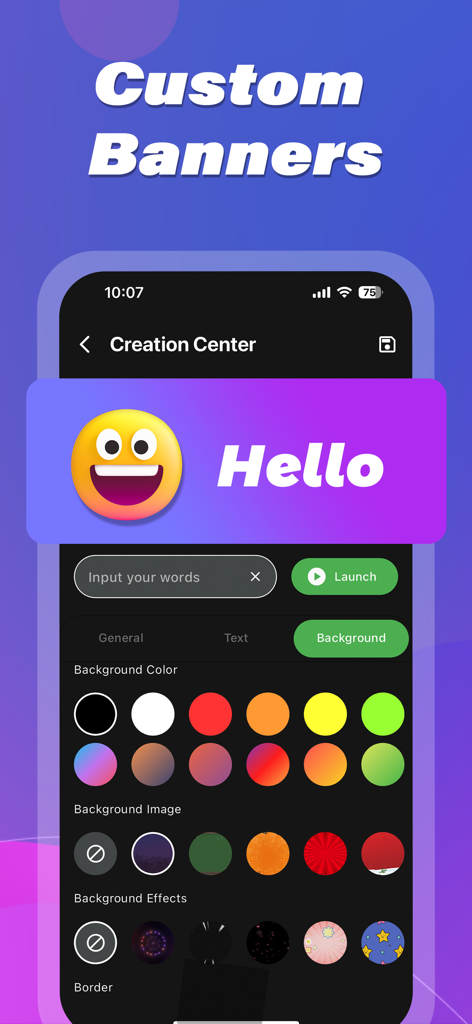 LED Banner : Make It Big Text - 텍스트 및 배경 색상 옵션으로 사용자 지정 LED 배너를 만드는 모바일 앱 인터페이스.
