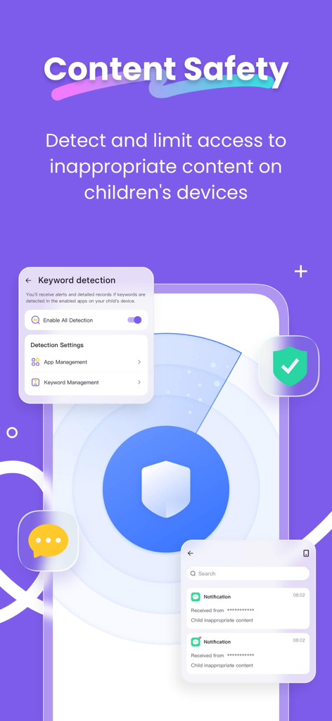 FlashGet Kids：parental control - FlashGet Kidsアプリのスクリーンショット、コンテンツセーフティとキーワード検出機能を表示