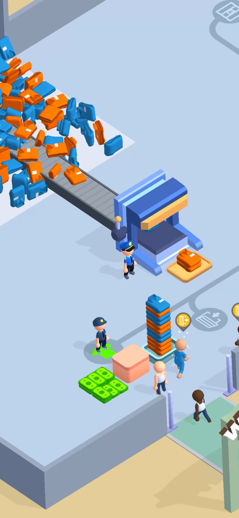 Uma cena de jogabilidade 3D de Prison Life Idle Game mostrando um guarda gerenciando uma máquina que processa uniformes de prisioneiros ao lado de pilhas de dinheiro.