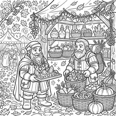 Immerse yourself in the magic of an autumn harvest festival with these bustling dwarf merchants. Discover a richly detailed scene brimming with rare crystals, seasonal produce, and delightful fantasy charm, ready for your creative touch.