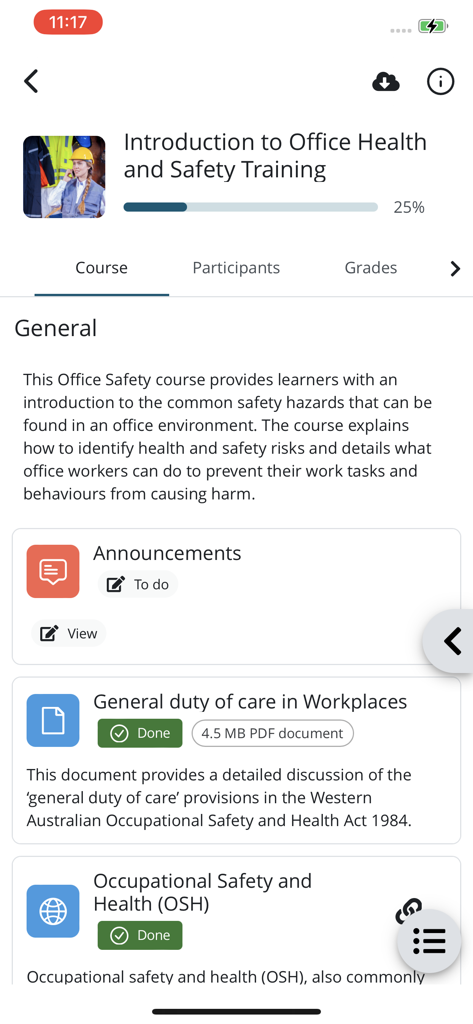 Pantalla móvil de Moodle Workplace que muestra un curso de formación profesional de salud y seguridad en el lugar de trabajo con barra de progreso y módulos completados.