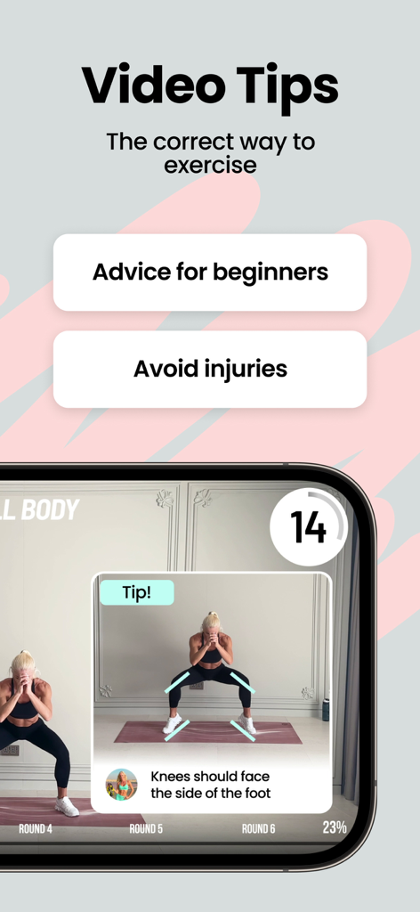 Home Fitness Workout ByBlondie - Tela do aplicativo de fitness ByBlondie mostrando dicas em vídeo guiadas para a forma correta de exercício e prevenção de lesões.