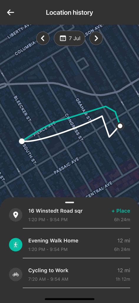 GeoZilla app location history screen displaying map routes and daily activity logs for walking and cycling