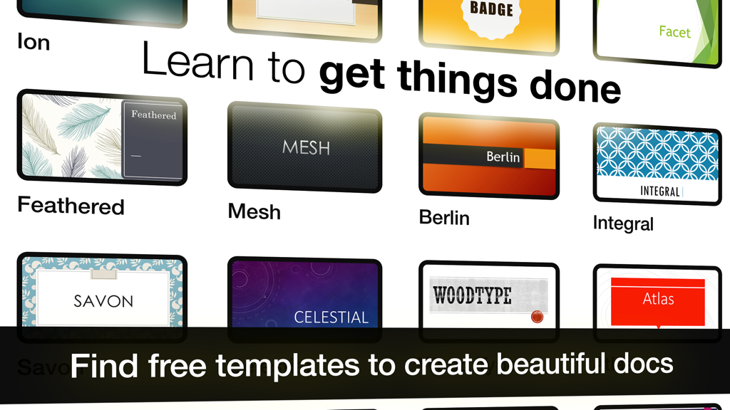 Uma coleção de modelos de documentos profissionais, incluindo designs Feathered, Mesh e Berlin para aplicativos do Microsoft Office.