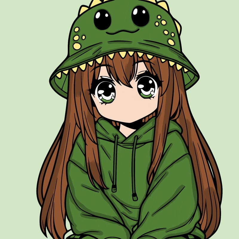 girl with anime shaped eyes with a dinosaur bucket hat oversized sweatshirt long straight hair