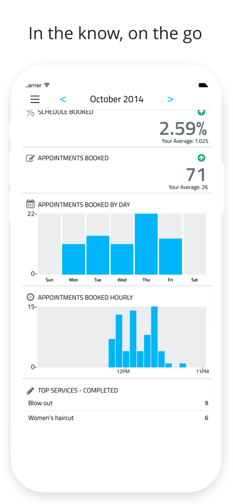 Mobile business dashboard showing appointment bookings and service performance statistics