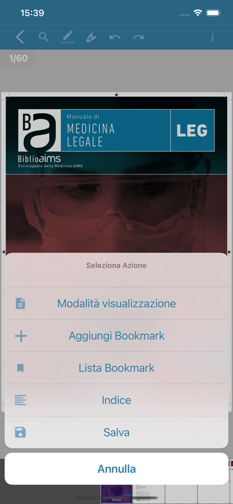Manuali AIMS - Action menu overlay on the forensic medicine manual within the Manuali AIMS app