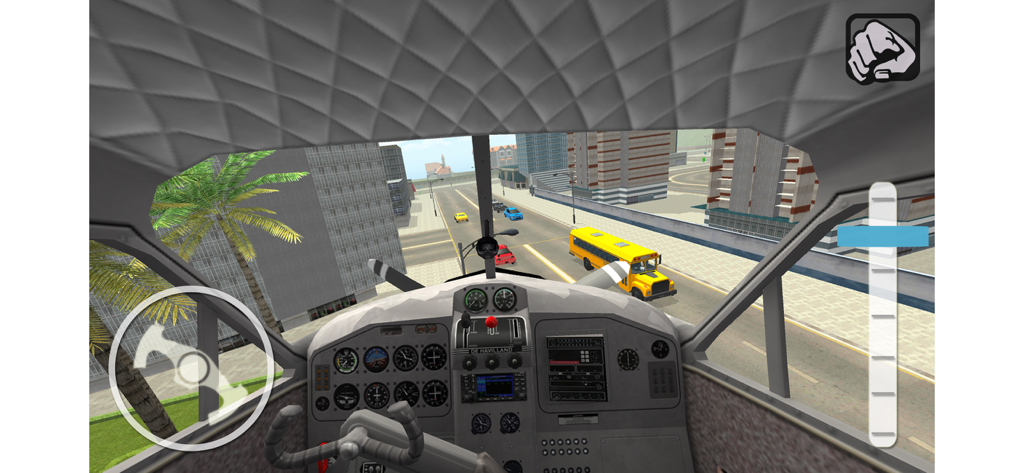 Vista de cabina de un avión sobrevolando una calle de la ciudad con un autobús escolar y coches